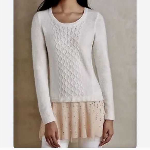 Anthropologie Knitted & Knotted Ivory Tunic Sweater Alpaca Blend Jeweled Tulle - Picture 1 of 5